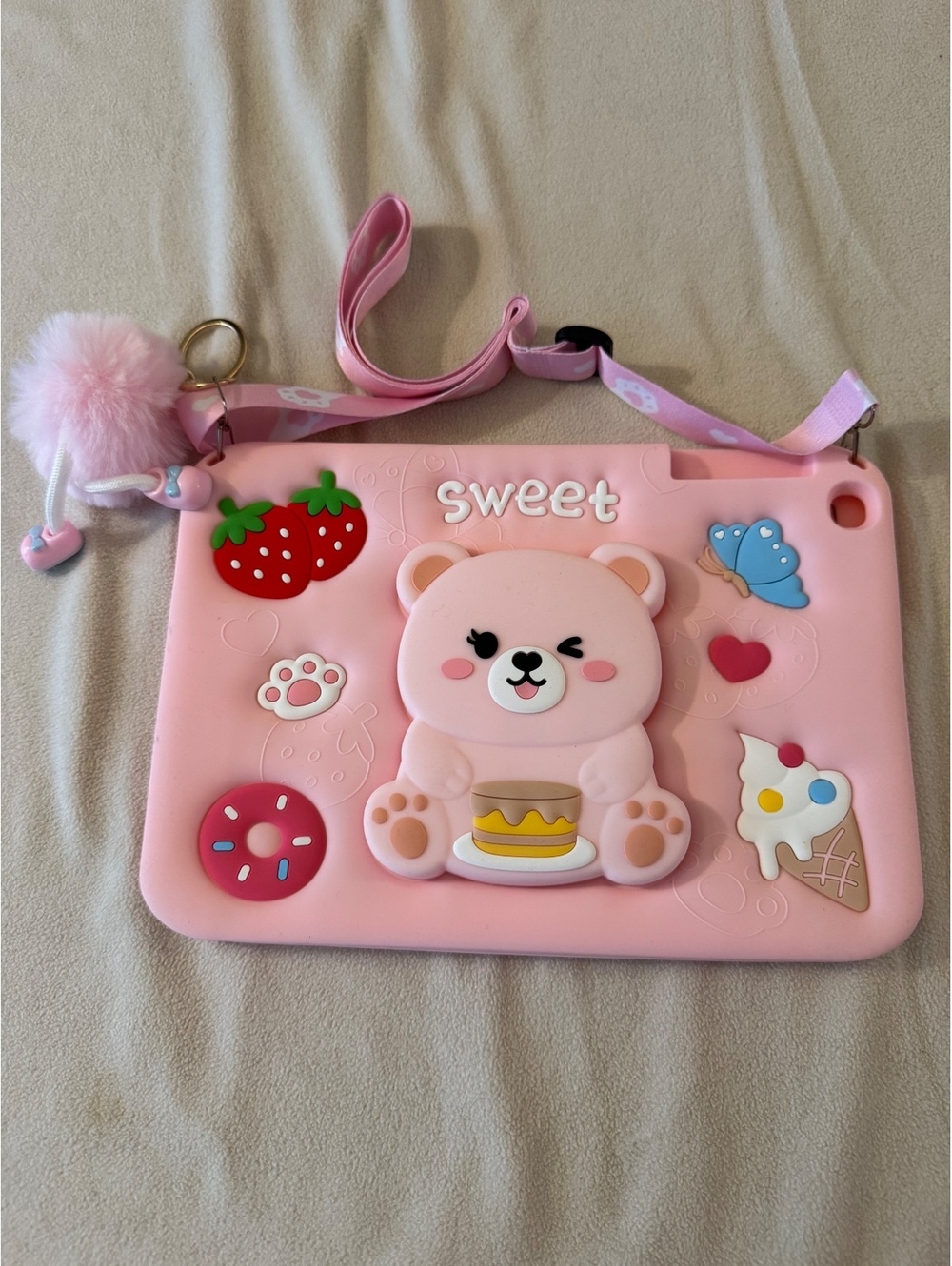 Pink Bear Silicone Tablet Case with Strap and Pom Pom Keychain
